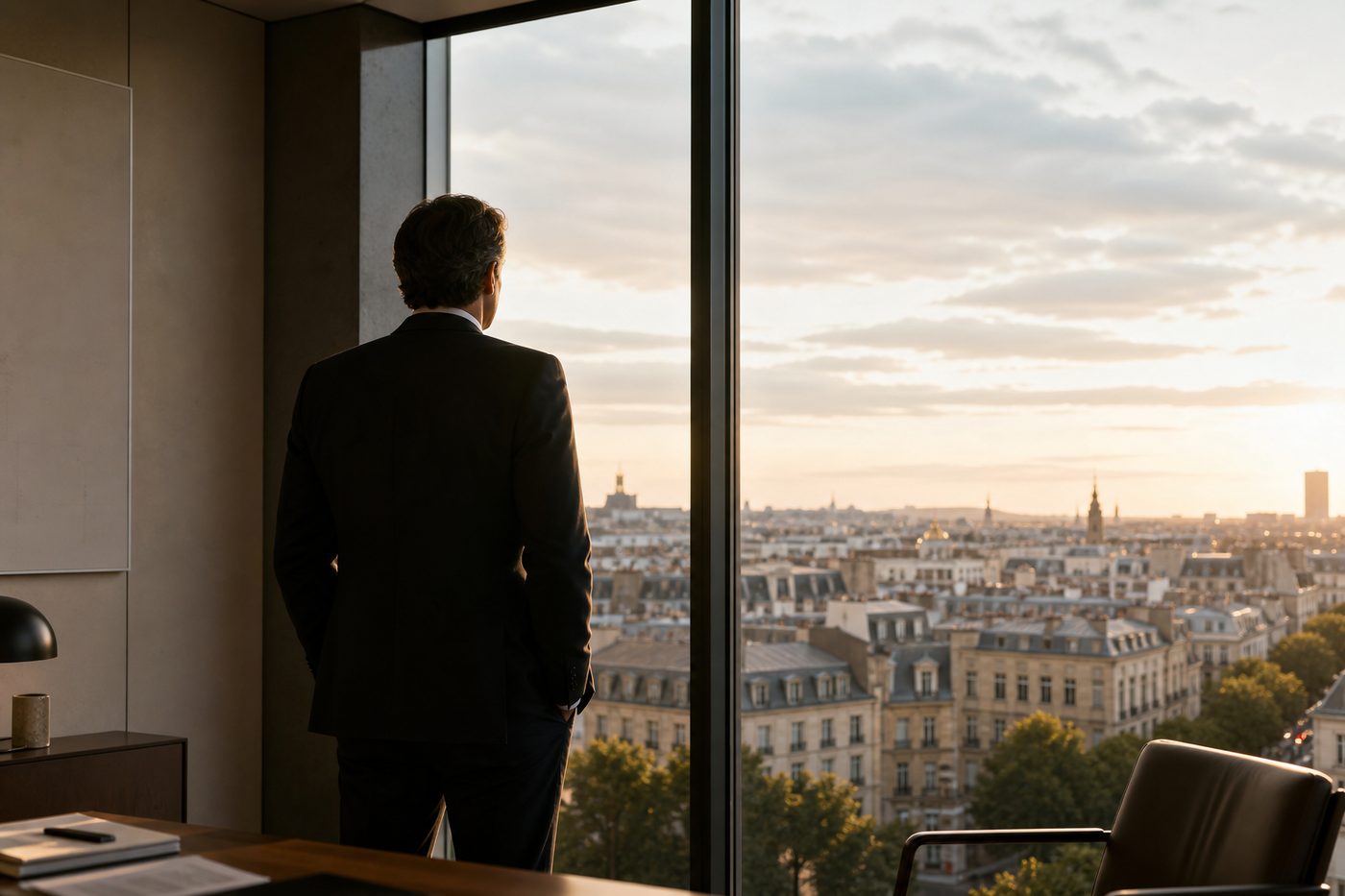Un dirigeant face à un horizon dégagé depuis un bureau en hauteur