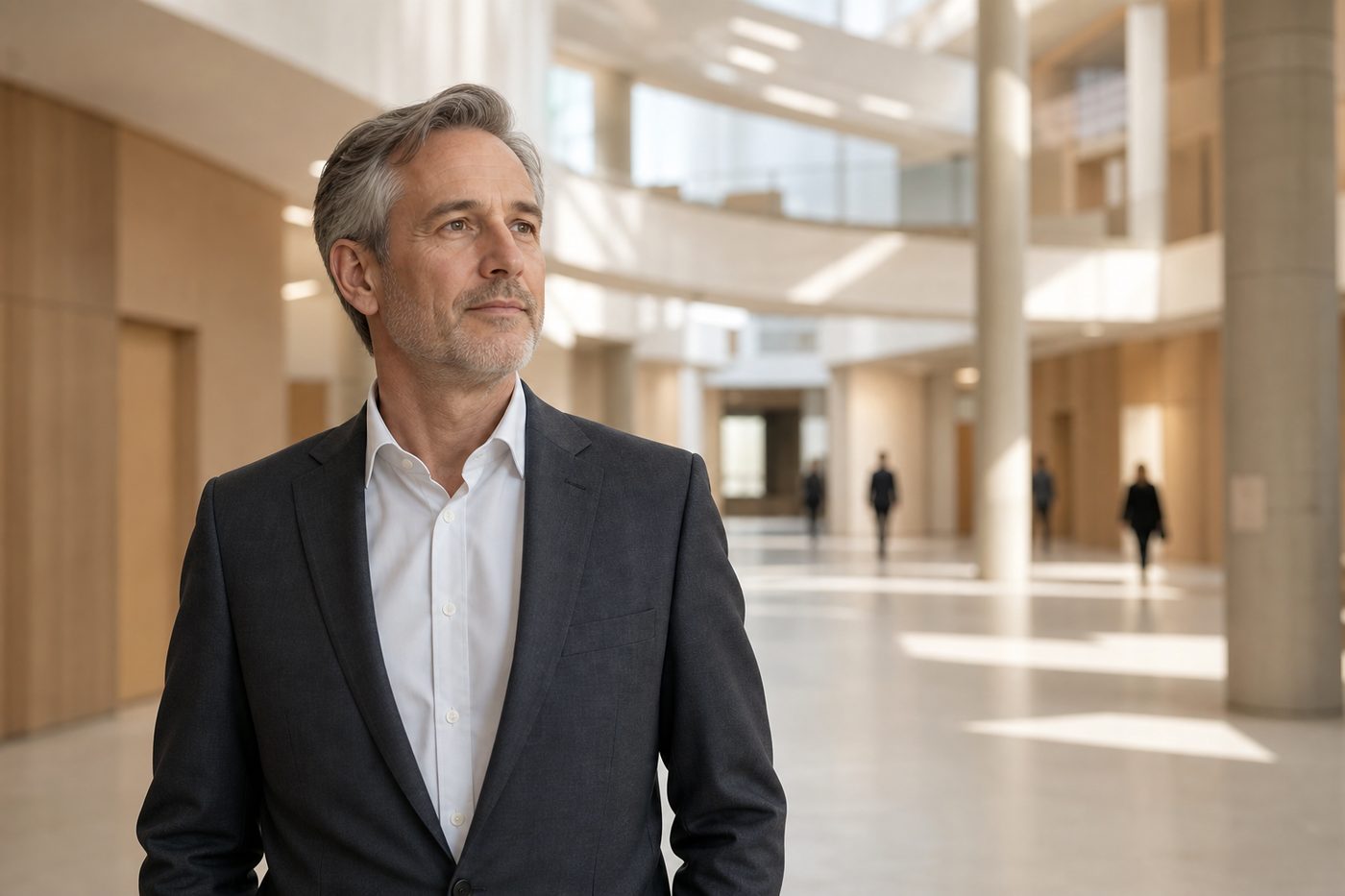 Un cadre de plus de 50 ans debout dans un atrium lumineux, plusieurs voies devant lui