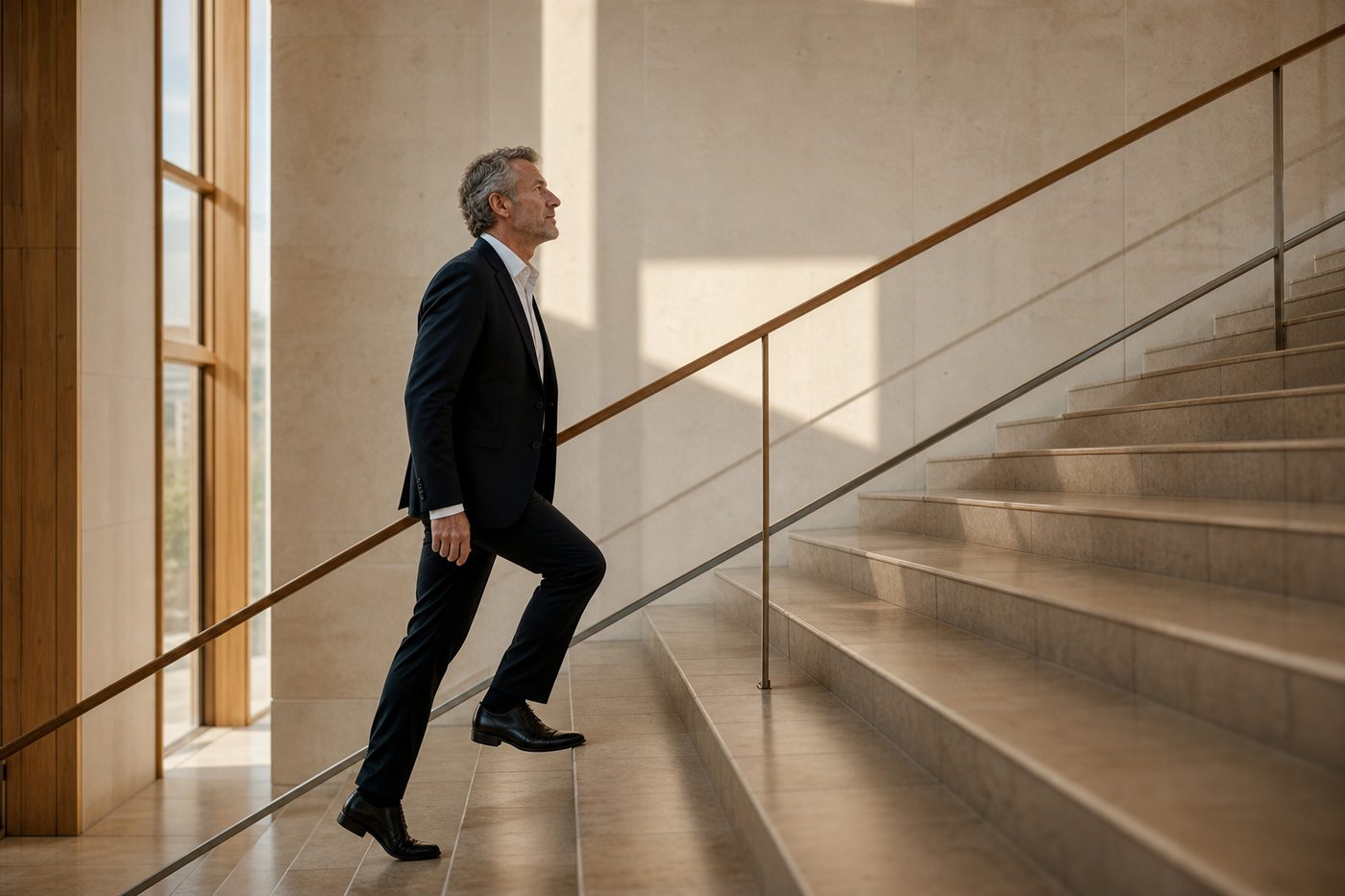 Un cadre gravit un escalier lumineux, image d’une progression par étapes