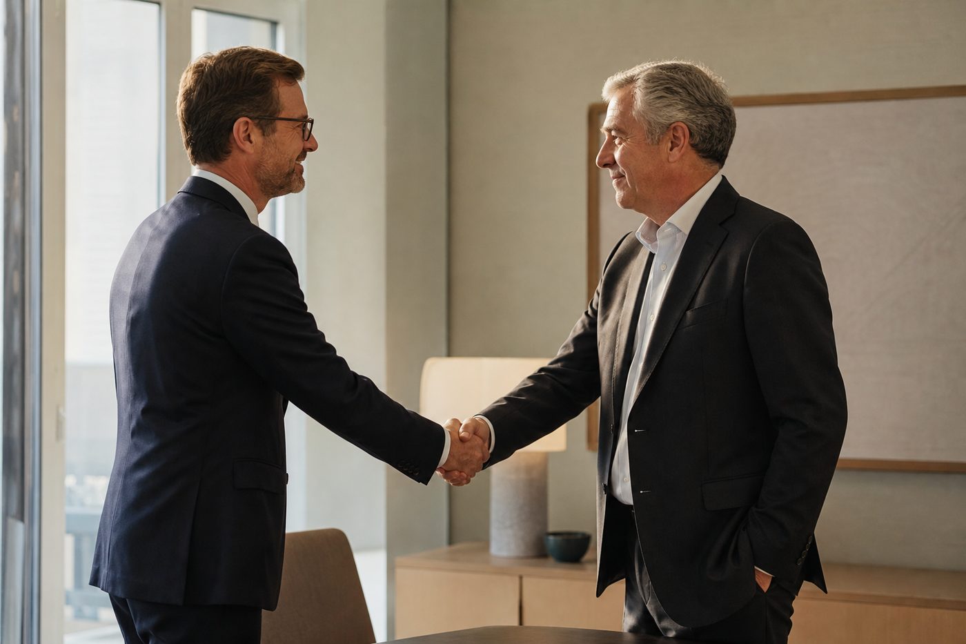 Une poignée de main entre un consultant et un cadre en transition